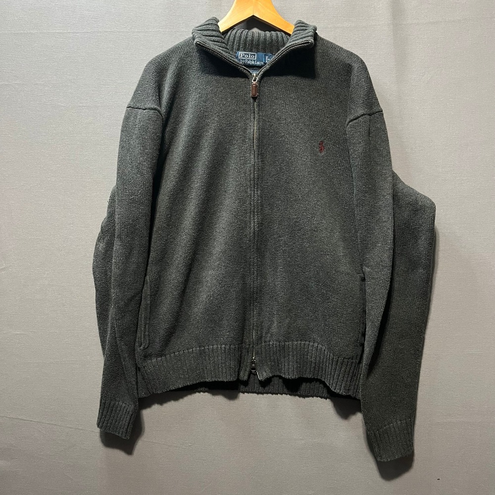 Polo Ralph Lauren Mens XXL Charcoal Grey Full Zip Cotton Knit Cardigan Sweater